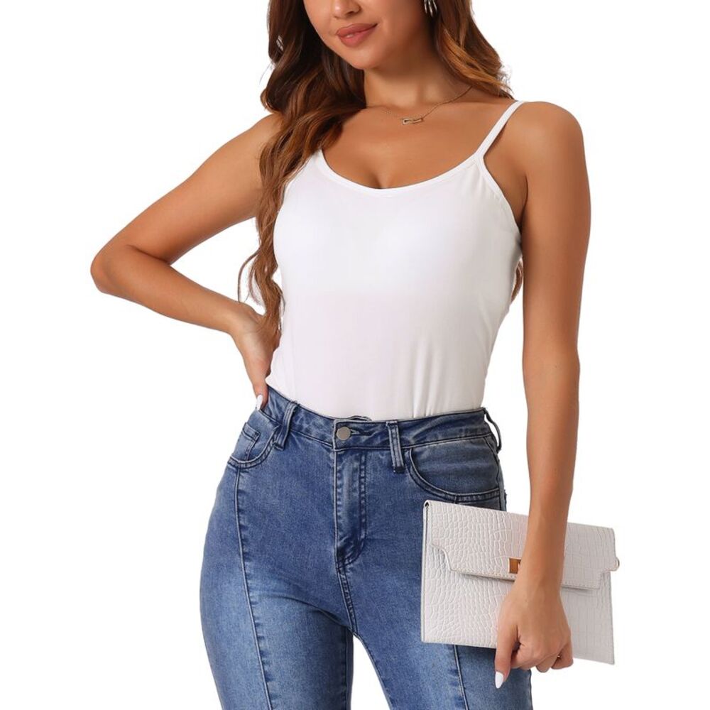 Built in Bra Slim Fit Adjustable Spaghetti Strap Scoop Neck Tank Top White